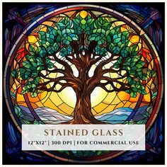 stained glass window with an image of a tree