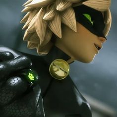 the animated character is dressed in black and green