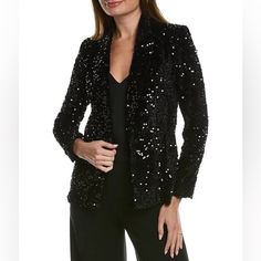 New With Tags Nanette By Nanette Lepore Dani Velvet Sequin Jacket Blazer Black One-Button Closure Shell: 95% Polyester, 5% Spandex Lining: 100% Polyester Hand Wash Imported Glamorous Long Sleeve Blazer For Work, Tailored Long Sleeve Glamorous Outerwear, Glamorous Tailored Long Sleeve Outerwear, Tailored Outerwear For Night Out, Tailored Glamorous Fall Outerwear, Glamorous Tailored Fall Outerwear, Glamorous Tailored Outerwear For Fall, Winter Sequin Blazer, Winter Evening Blazer With Button Closure