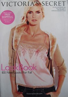 the front cover of victoria's secret magazine with a woman in pink shirt and fur vest