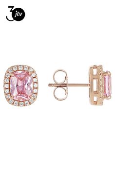 Bella Luce�� pink and white diamond simulants 5.64ctw rectangle cushion and round, Eterno��� 18k rose gold over sterling silver earrings. Measure approximately 0.44" L x 0.38" W and have push backings. The diamond equivalent weight is 3.41ctw. Rose Gold Jewelry With Pave Setting In Cubic Zirconia, Rose Gold Cubic Zirconia Jewelry With Pave Setting, Cushion Cut Cubic Zirconia Jewelry With Pave Setting, Luxury Pink Halo Design Jewelry, Classic Pink Cubic Zirconia Jewelry, Fine Jewelry With Cushion Cut Pave Setting, Pink Oval Jewelry With Pave Setting, Rectangular Rose Gold Sterling Silver Jewelry, Fine Jewelry Cushion Cut With Pave Setting