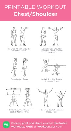 the printable workout chest / shoulder chart is shown with instructions for how to do it