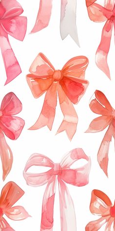 watercolor bows on white background with pink and red colors in the middle one has a bow at the top