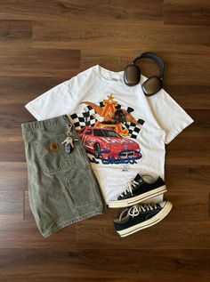 Vintage Summer Outfit Idea T shirt NS154 Easy 30 day return policy #outfit #summer Beachy Looks Clothes, Khaki T Shirt Outfit, Some Outfit Ideas, Outfit Ideas Summer Streetwear, Where To Get Vintage Clothes, Summer Fit Aesthetic, Masc Shorts Outfit, Summer Fit Inspo 2024, Guys Summer Outfits Casual