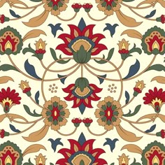 an ornate pattern with red, blue and yellow flowers on white background illustration by unknown artist