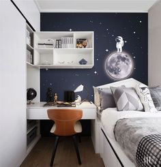 a bedroom with a bed, desk and shelves