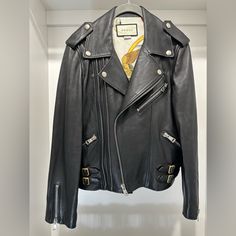 Made In Italy Black Leather Front Zip Fastening Hardware Two Zip Fastening Pockets Notched Lapels. Outer: Lamb Skin 100% Lining: Viscose 100% Gucci Jackets, Gucci Jacket, Leather Biker Jacket, Biker Jacket, Black Leather, In Italy, Jackets & Coats, Leather Jacket, Jackets For Women