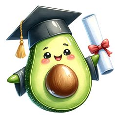 an avocado with a graduation cap holding a diploma