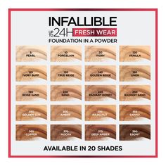 Viral TikTok Favorite-- Infallible up to 24hr fresh wear foundation-in-a-powder covers like a liquid and mattifies like a powder with no cakey look. L'Oreal Paris Infallible Up to 24H Fresh Wear Foundation in a Powder, Beige Sand 190 , 0.31 oz; Tiktok Favorite, Covers like a liquid, mattifies with no cakey look Up to 24hr matte finish and full coverage that stays fresh all day Lightweight formula that feels breathable All day shine control, no transfer, waterproof, heatproof, sweatproof Suitable for all skin types, oily and acne-prone skin L'oreal Infallible Fresh Wear Foundation, Loreal Infallible Powder Foundation Shades, Loreal Infallible Foundation Powder Swatches, Loreal Foundation Powder, Age Perfect Loreal Foundation, Loreal Paris Infallible Foundation, Loreal Infallible Foundation Shades, Loreal Infallible Foundation, Loreal Foundation