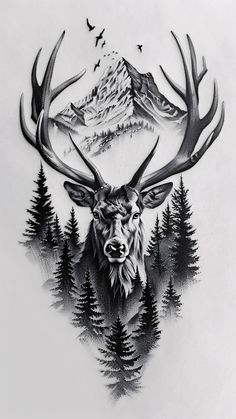 a drawing of a deer with trees and mountains in the background