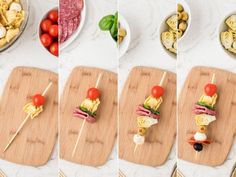 the process of making skewers of food is shown in three different pictures, including tomatoes and pasta