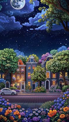 a painting of a night scene with a car parked in front of a house and trees