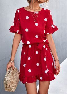 The Emes Shop dress is detailed with a classic polka dot print. Features a round neck line. short sleeves. A-line silhouette. ruffle hem. and above knee length. Pair it with sunnies and sandals for a cute look this season.MATERIALS: 100% PolyesterMEASUREMENTS: Product length is 36"- 37" in 4-6-Small | Waist: 25-26.5 in | Chest: 33-34.5 in | Hips: 35-36.5 in 6-8-Medium | Waist: 26.5-28 in | Chest: 34.5-36 in | Hips: 36.5-38 in 8-10-Large | Waist: 28-29.5 in | Chest: 36-37.5 in | Hips: 38-39.5 in Trendy Polka Dot Dresses For Summer, Trendy Polka Dot Summer Dress, Polka Dot Summer Dress With Short Sleeves, Summer Polka Dot Short Sleeve Dress, Summer Polka Dot Dresses With Short Sleeves, Casual Polka Dot Short Sleeve Dress, Polka Dot Summer Dress With Ruffle Hem, Shorts Jumpsuit, Shop Dress