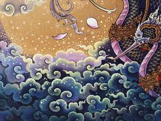 a painting of a dragon flying in the sky over water with waves and bubbles around it