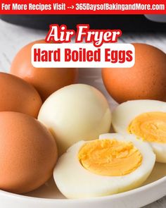 four hard boiled eggs on a plate with the words air fryer hard boiled eggs