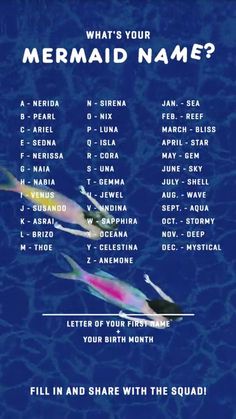 a poster with the names of different types of fish swimming in blue water, which reads what's your mermaid name?