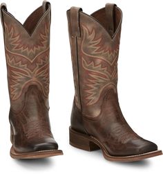 Emblazoned with bold stitching and expert hand-finishing, this boot has a bold, rustic effect. From our Hero collection, the Sierra boot in Antiqued Brown is an 11” square toe boot with a brown cowhide leather vamp with an attention-grabbing stitching design with jolts of deep, rich color on the tan leather-look upper. It’s equipped with an orthotic insole and versatile rubber outsole. This boot features: 11" Vintage Tan upper Antiqued Brown cowhide B Toe, Square Profile 10 Heel, 1 1/8" Height T Western Brown Boots With Reinforced Stitching, Rugged Fitted Boots With Square Toe, Fitted Rugged Boots With Square Toe, Rustic Square Toe Boots For Rodeo, Rustic Square Toe Ranch Boots, Western Boots With Reinforced Stitching For Rodeo, Western Snip Toe Boots With Reinforced Stitching, Country Style Boots With Square Toe For Western-themed Events, Western Boots With Reinforced Stitching And Snip Toe