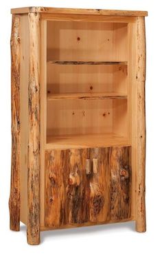 a wooden cabinet with two shelves made out of logs