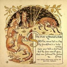 an old book page with foxes and birds in the background, surrounded by leaves and branches