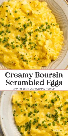 creamy boursin scrambled eggs in a white bowl with green onions on the side