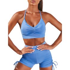 Blue Pleated Sports Bra with Shorts Set Yoga Set, Shorts Set, Short Sets, Sports Bra, Yoga, Bra, Sports, Blue