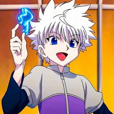 an anime character with white hair and blue eyes pointing to the side while standing in front of a window