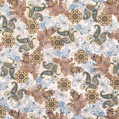 an image of a paisley pattern on white fabric with blue, brown and green colors