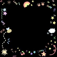 a black background with colorful doodles and stars in the shape of a circle