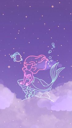 the little mermaid is floating in the sky with her tail up and bubbles coming out