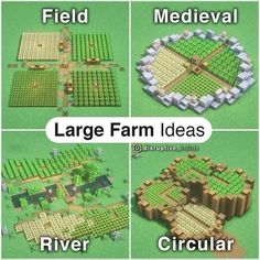 four different types of farm buildings with text that reads, field medieval and large farm ideas