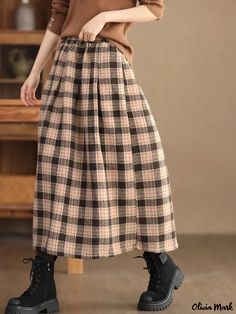 Olivia Mark - Color-Blocked Plaid Wool Midi Skirt, Winter Plaid Skirt, Long A-Line Skirt Casual Patchwork Skirt For Fall, Fall Long Skirt With Patchwork, Casual Long Patchwork Skirt, Patchwork Long Skirt For Fall, Casual Pink Patchwork Skirt, Casual Full Skirt Bottoms For Winter, Casual Plaid Skirt With Patchwork, Casual Full-length Beige Skirt, Casual Full Length Brown Skirt