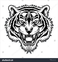 the head of a tiger with an open mouth and bared teeth on a white background