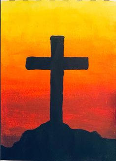 a painting of a cross on top of a hill with the sun setting in the background