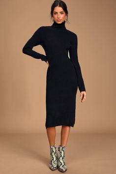 Cozy Black Dress - Sweater Dress - Turtleneck Dress - Dress - Lulus Turtleneck Sweater Dress Outfit, Turtle Neck Dress Outfit, Black Sweater Dress Outfit, Black Midi Sweater Dress, Black Turtleneck Sweater Dress, Knit Sweater Outfit, Midi Sweater Dress, Black Turtleneck Sweater, Sweater Dress Outfit