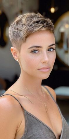 Woman Very Short Hair, Silver Hair Pixie Haircut, Short Short Pixie Haircut, Very Short Hair Styles For Women, A Line Pixie Haircut, Pixie Hairstyles 2024, Short Hairstyle Women Pixie Cut, Short Haircut For Woman, Short Buzzed Hair Woman