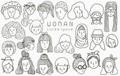 a bunch of women's faces drawn in black and white with the words woman on them