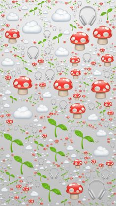 an image of mushrooms and leaves on a gray background with red flowers, green leaves and white clouds