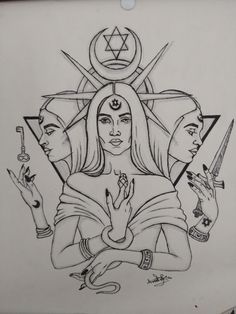 a drawing of three women holding hands and two symbols