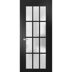 a black door with frosted glass on the front and side panels, against a white background