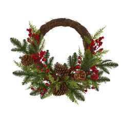 a christmas wreath with pine cones and berries