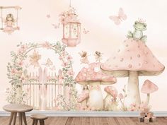 a wall mural with pink flowers and mushrooms