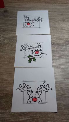 three christmas cards with reindeer faces on them