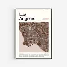 the los angeles city map in brown and white on a black frame with text that reads,