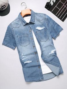 Men Ripped Pocket Patched Denim Shirt Without Tee Medium Wash Casual  Short Sleeve Denim Plain Shirt Non-Stretch  Men Clothing, size features are:Bust: ,Length: ,Sleeve Length: Patched Denim, Short Sleeve Denim, Outfits Hombre, Denim Shirt Men, Sleeve Men, Plain Shirt, Denim Patches, Mini Dress Casual, Plain Shirts