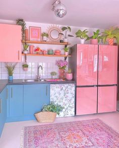 a pink and blue kitchen with plants on the shelves