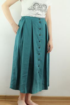 "Midii linen women skirt made in Poland. Handmade aqua linen skirt with tie and 2 pockets , perfect for casual wear and suitable for any occasion in any season Details: - 100% natural linen produced in Europe ; - medium weight (180 gram per square meter); - color: aqua, could be any from our colors catalog (color samples at the photo); Made to order, approximately a few days, If you have any questions please message me and I will be glad to answer. Size guide : Size XS Bust: fits bust around 33\ Linen Long Skirt, Maxi Skirts Summer, Color Catalog, Summer Linen Dresses, Button Skirt, Women Skirt, Skirt Summer, Linen Casual, Summer Linen