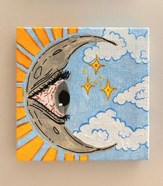 a painting of an eye on the moon with clouds and stars in the sky above it