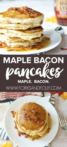 maple bacon pancakes are stacked on top of each other, with the words maple bacon pancakes above them