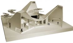 an architectural model of a house with people walking around the building and trees in the background