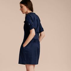 Military-inspired Cotton Blend Shirt Dress Dark Pewter Blue | Burberry Elegant Fitted Shirt Dress With Pockets, Elegant Cotton Business Casual Dress, Elegant Cotton Dress For Business Casual, Elegant Cotton Dress With Button Cuffs, Formal Cotton Dresses With Pockets, Dresses With Feathers, Dark Pewter, Designer Dresses For Women, Luxury Dresses